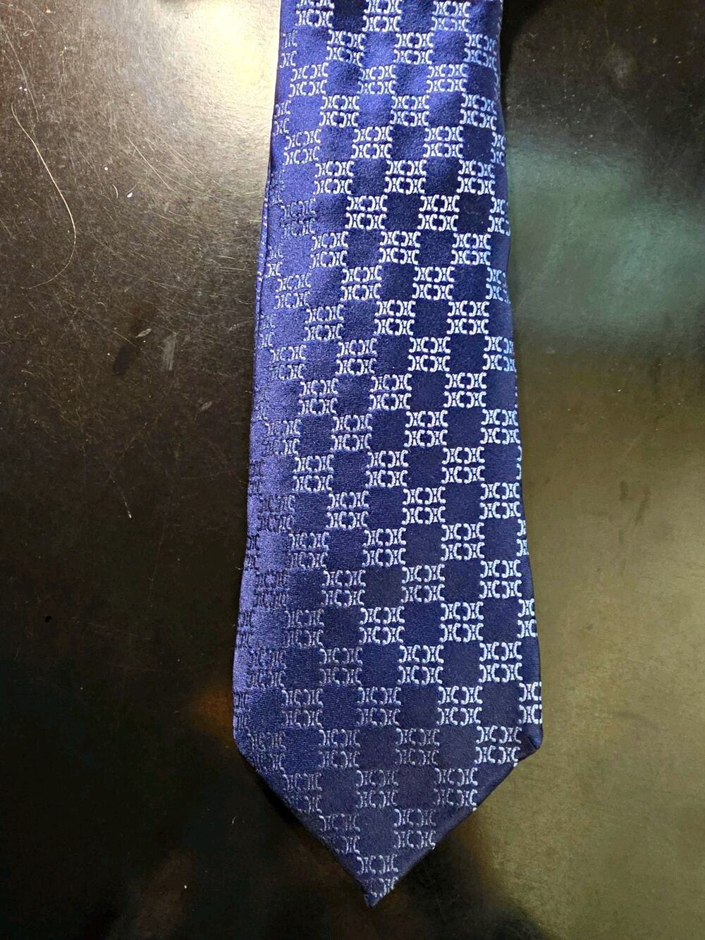 Vintage CELINE Men's Blue Logo Check Silk Tie